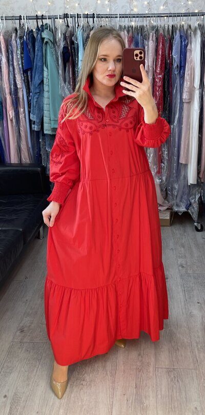 Платье-рубашка коттон в красном цвете с длинным рукавом
